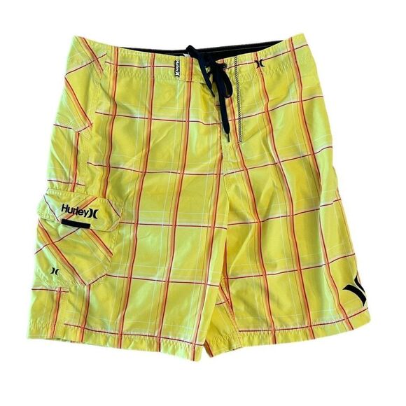 Hurley Mens Board Shorts Surfing Swimwear Cargo Pockets Yellow Plaid Size 33 - Picture 1 of 6